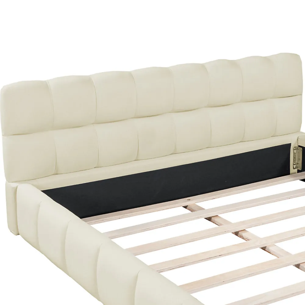 Lit adulte 160x200cm en lin avec dossier moelleux, Lit plat avec sommier à lattes, beige>Simple Life Outlet