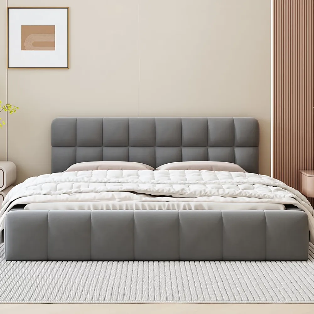 Simple Life Lit adulte 160x200cm en lin avec dossier moelleux, Lit plat avec sommier à lattes, gris* Lit Coffre