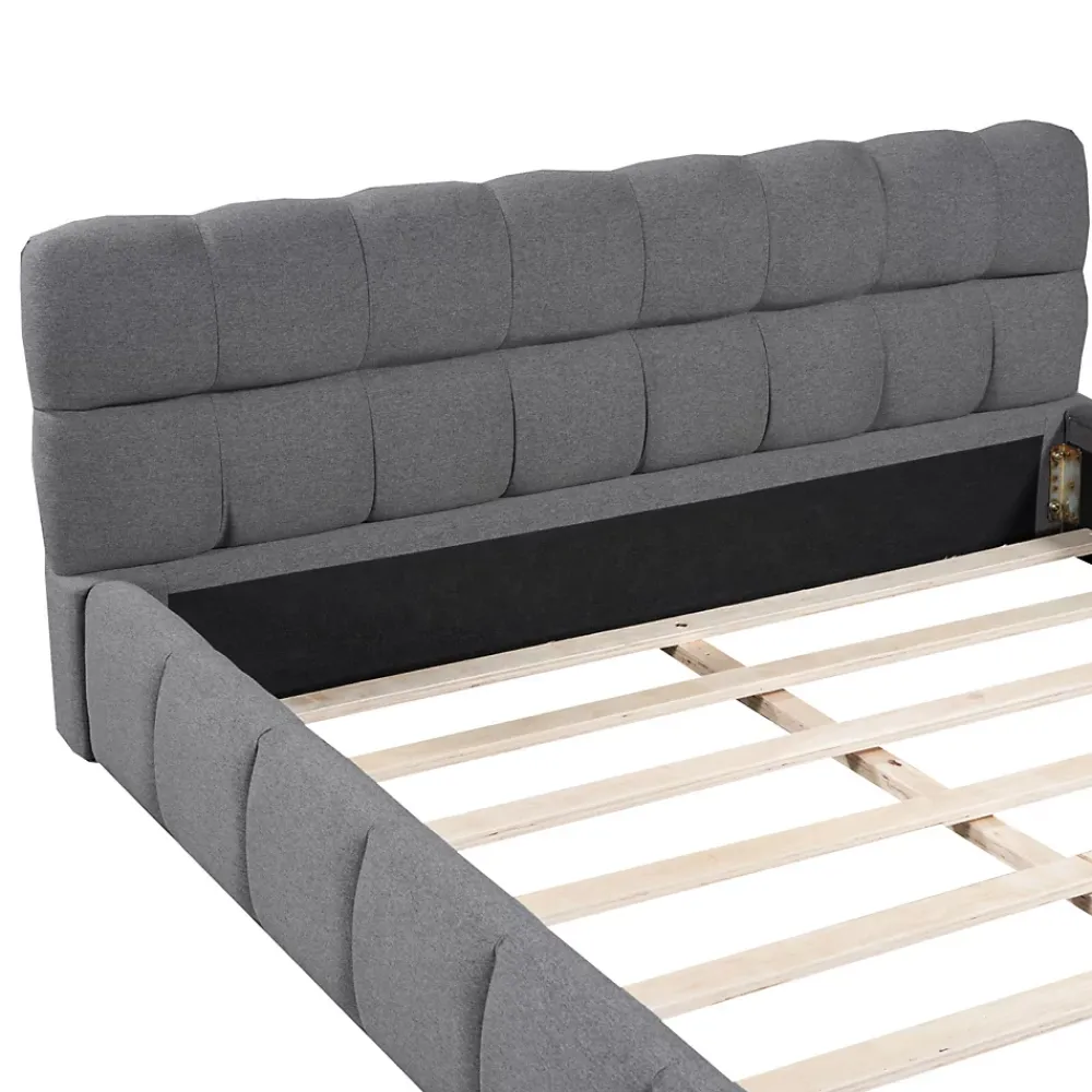 Simple Life Lit adulte 160x200cm en lin avec dossier moelleux, Lit plat avec sommier à lattes, gris* Lit Coffre