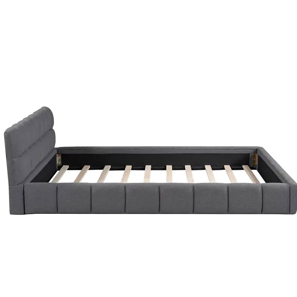 Simple Life Lit adulte 160x200cm en lin avec dossier moelleux, Lit plat avec sommier à lattes, gris* Lit Coffre