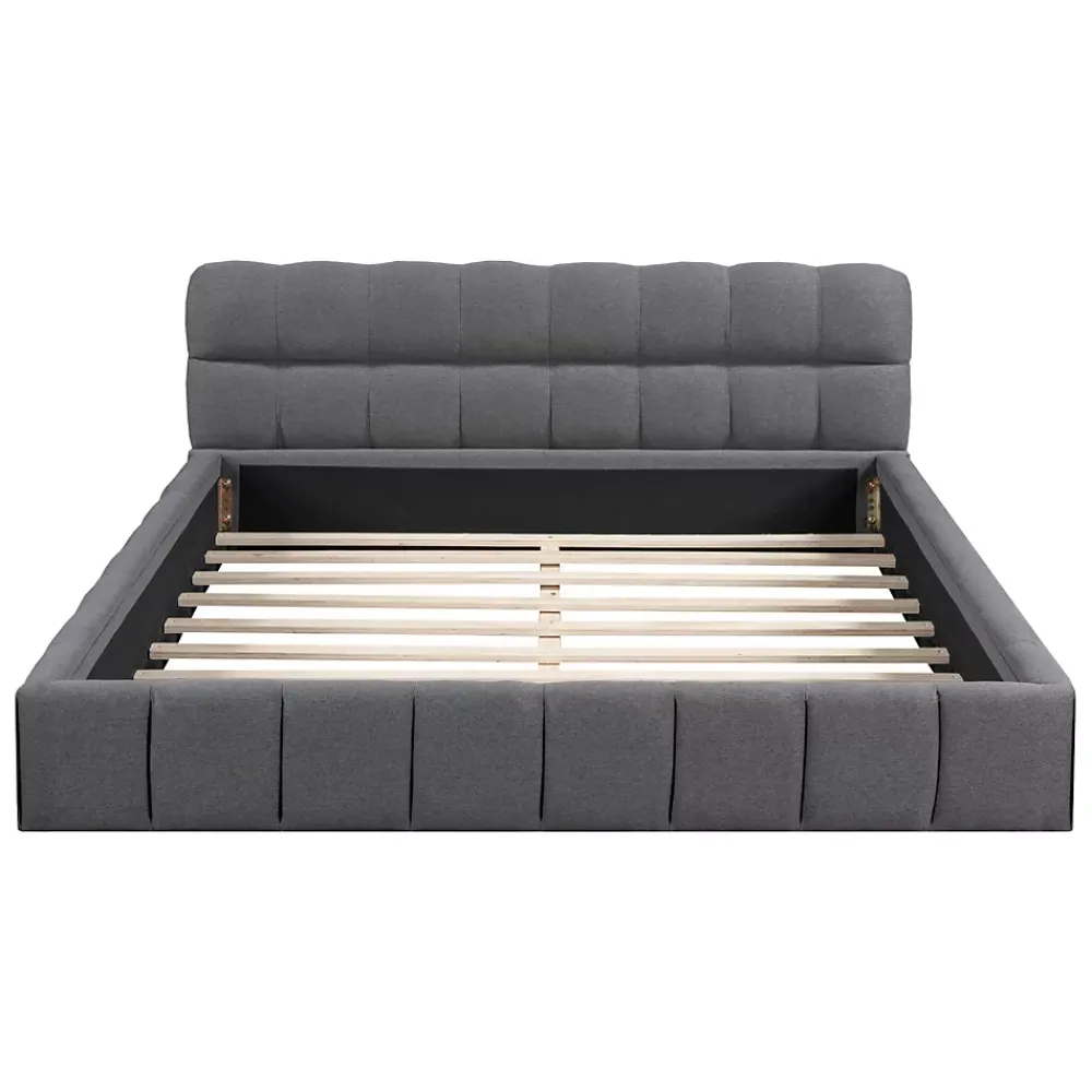 Simple Life Lit adulte 160x200cm en lin avec dossier moelleux, Lit plat avec sommier à lattes, gris* Lit Coffre