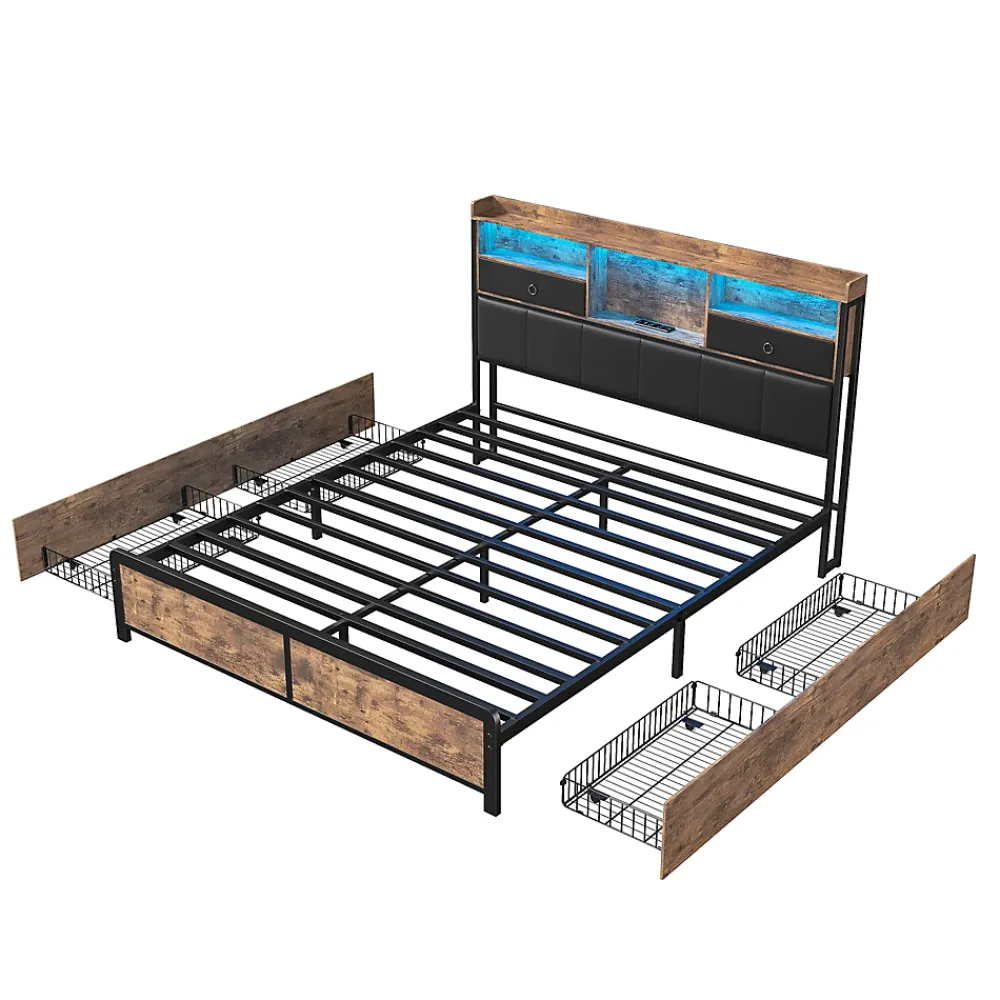 ProximaX Lit adulte 140x200cm,avec LED et tiroirs, lit en fer avec tête de lit et sommier à lattes, noir* Sommier