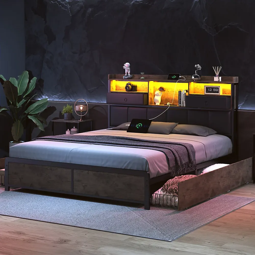 ProximaX Lit adulte 140x200cm,avec LED et tiroirs, lit en fer avec tête de lit et sommier à lattes, noir* Sommier
