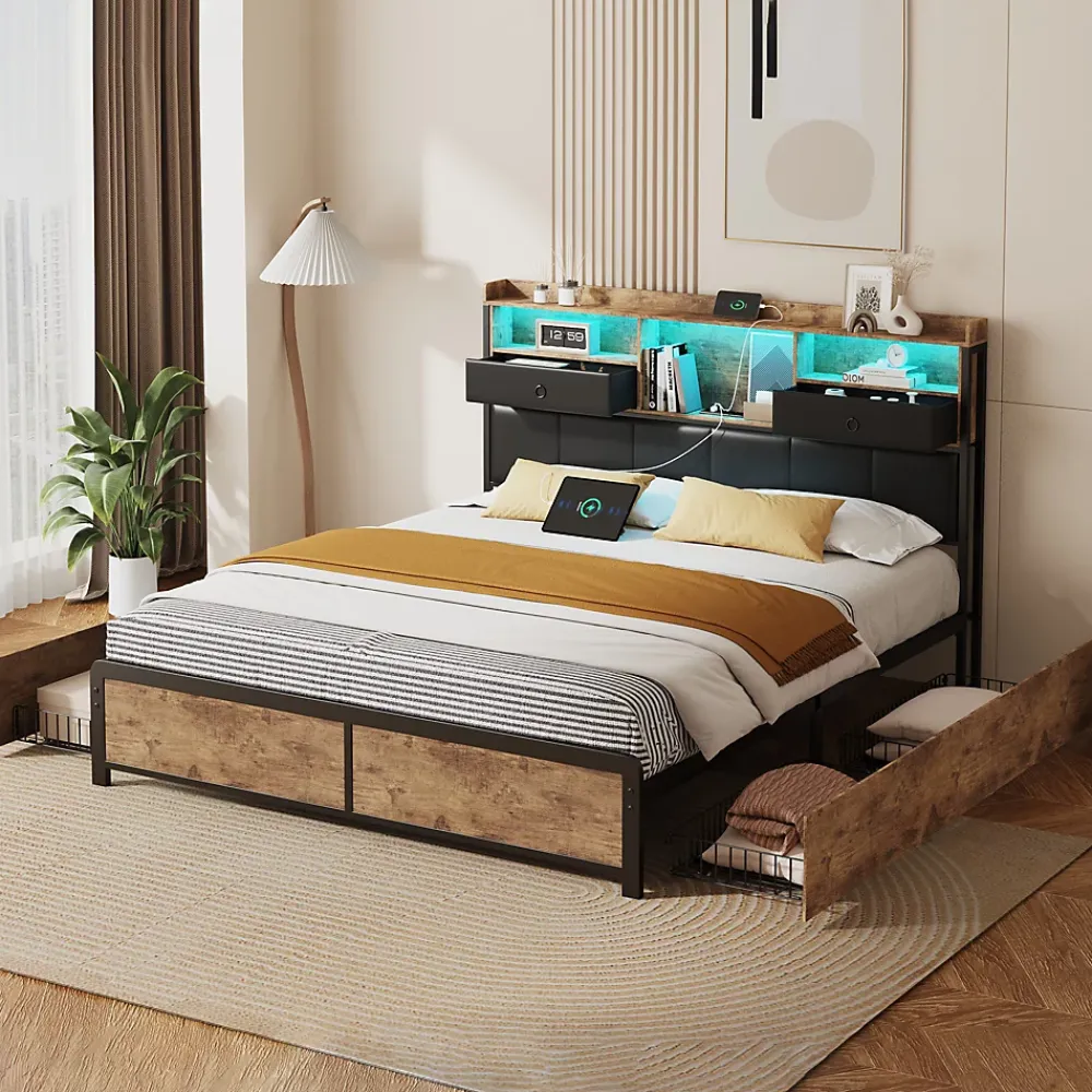 ProximaX Lit adulte 140x200cm,avec LED et tiroirs, lit en fer avec tête de lit et sommier à lattes, noir* Sommier