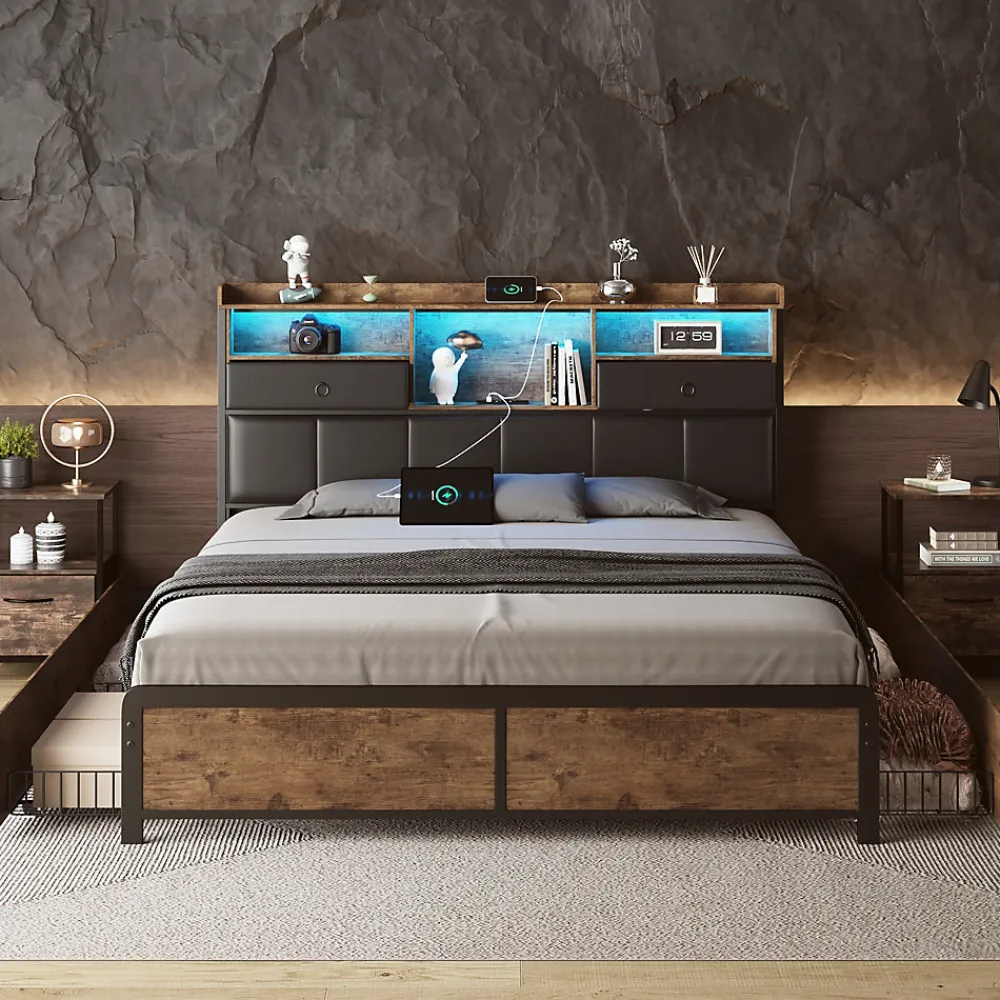 ProximaX Lit adulte 140x200cm,avec LED et tiroirs, lit en fer avec tête de lit et sommier à lattes, noir* Sommier