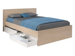 Lit avec 4 tiroirs 140 x 190 cm - Coloris : Blanc brillant et naturel - VELONA>Vente-unique Discount