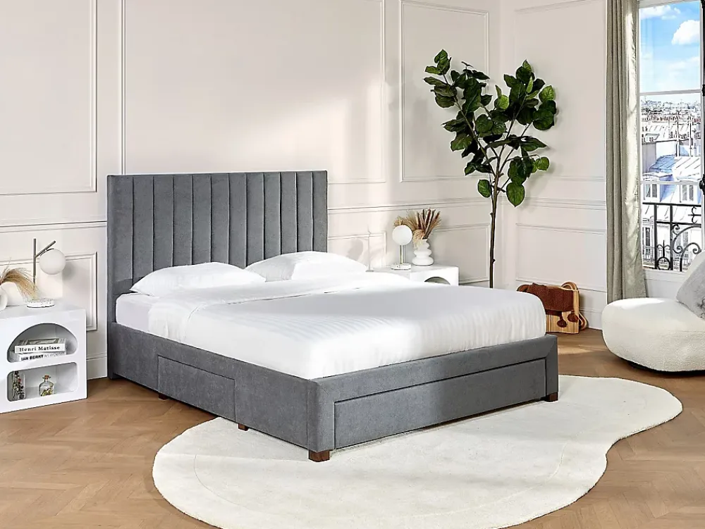 Vente-unique Lit avec 3 tiroirs 180 x 200 cm - Tissu - Gris + Matelas - LIAKO* Lit Avec Rangement
