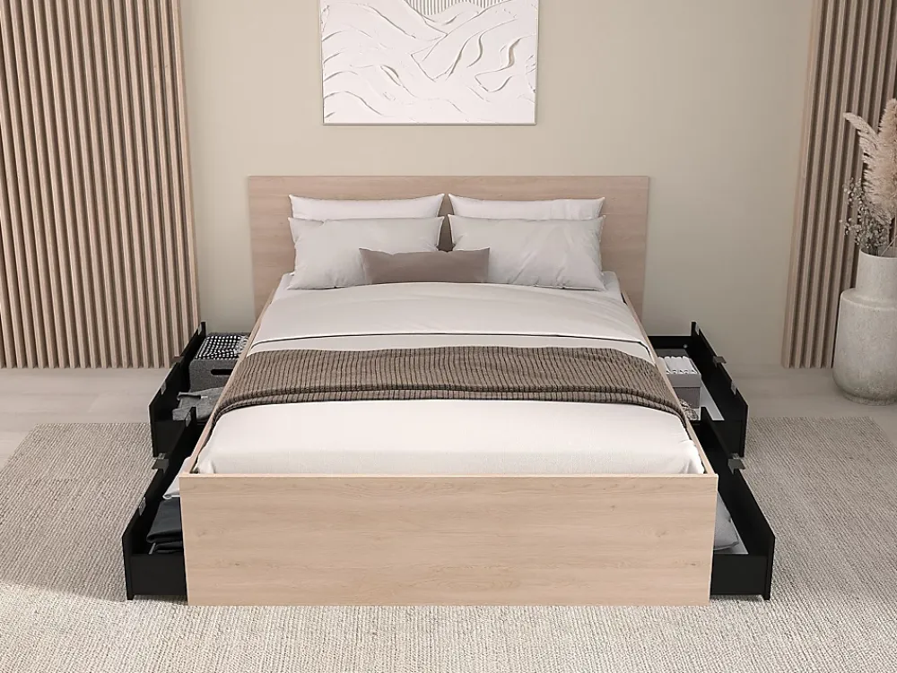 Vente-unique Lit avec 4 tiroirs 140 x 190 cm - Coloris : Naturel et noir + Sommier + Matelas - VELONA* Lit Avec Rangement