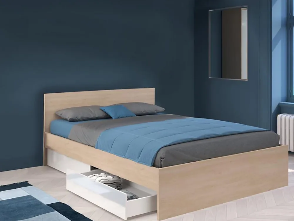 Vente-unique Lit avec 2 tiroirs 160 x 200 cm - Coloris : Naturel et blanc brillant - VELONA* Lit Avec Rangement