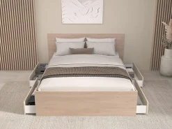 Lit avec 4 tiroirs 140 x 190 cm - coloris : Naturel et beige + Sommier - VELONA>Vente-unique New