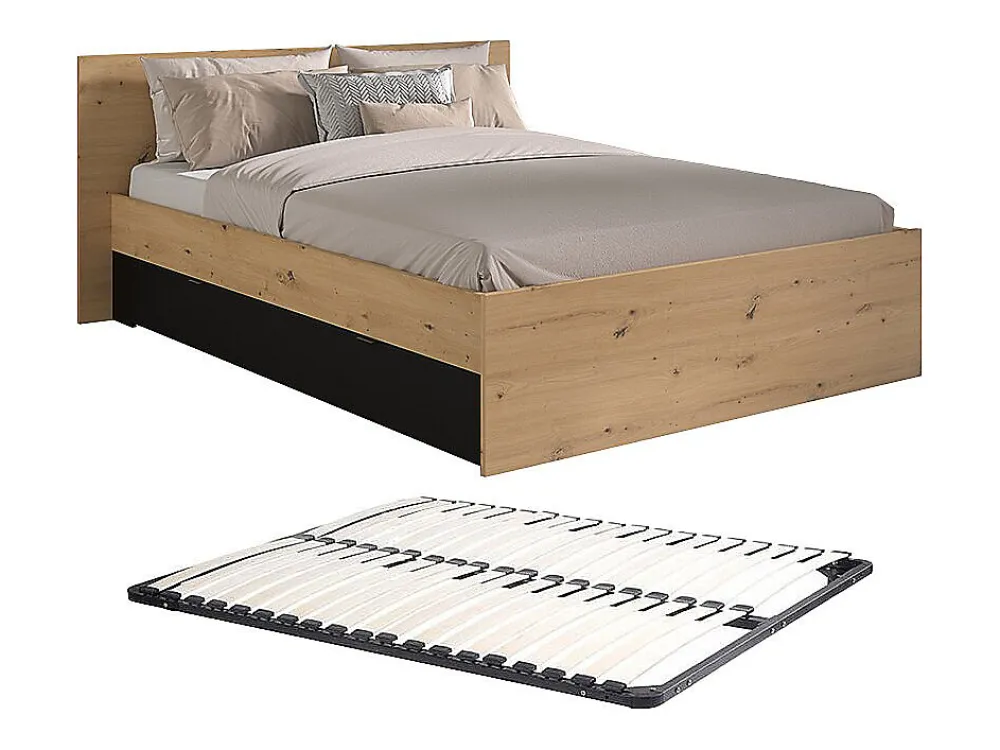Lit avec 2 tiroirs 160 x 200 cm - Coloris : Naturel et noir + Sommier - VARLY>Vente-unique Outlet