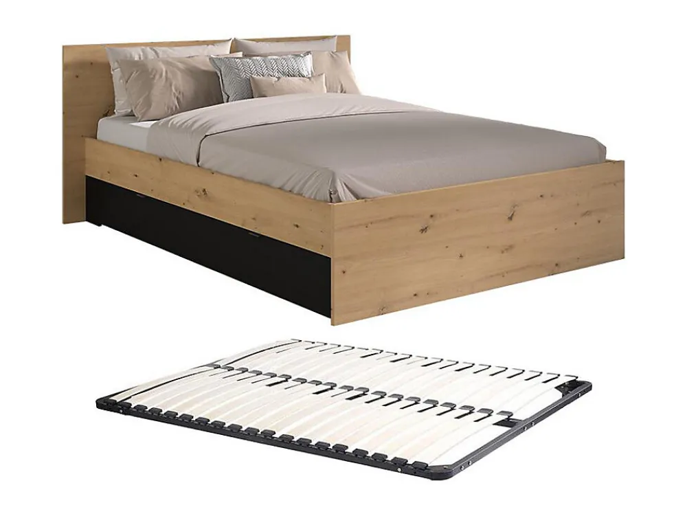 Lit avec 2 tiroirs 160 x 200 cm - Coloris : Naturel et noir + Sommier - VARLY>Vente-unique Outlet