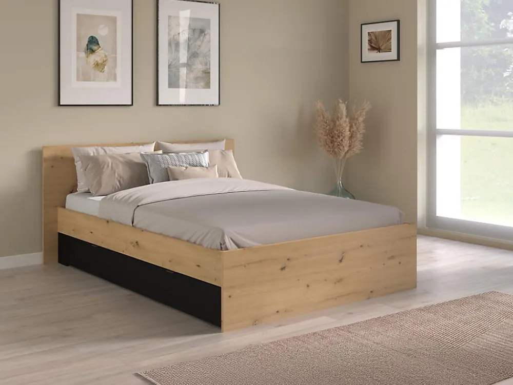 Lit avec 2 tiroirs 160 x 200 cm - Coloris : Naturel et noir + Sommier - VARLY>Vente-unique Outlet