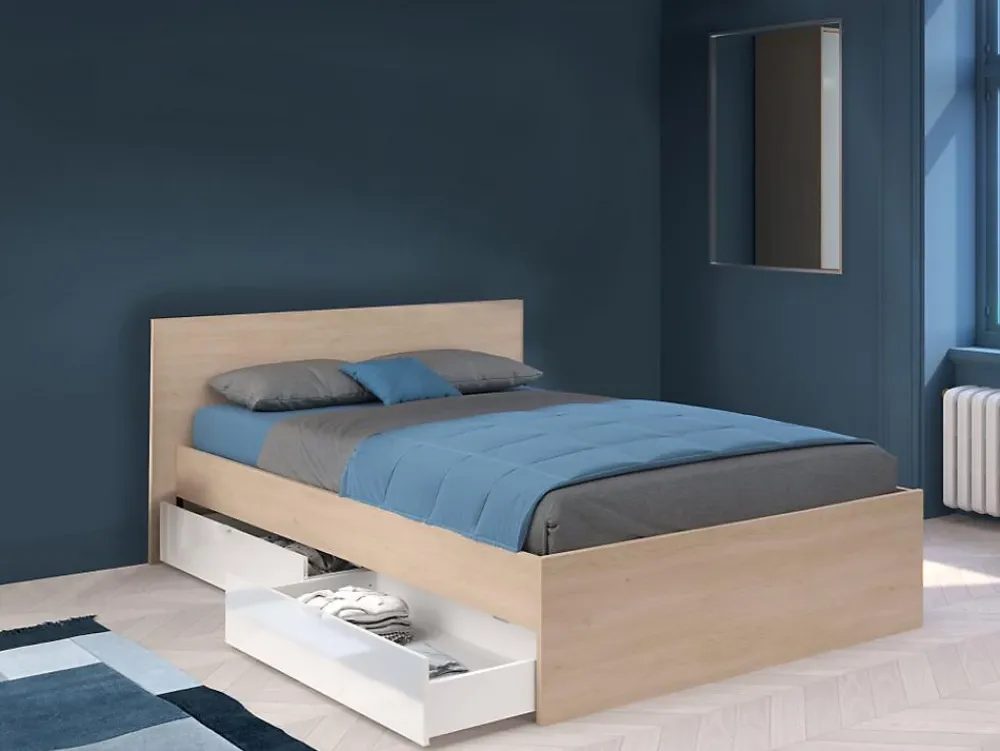 Vente-unique Lit avec 2 tiroirs 140 x 190 cm - Coloris : Naturel et blanc brillant - VELONA* Lit Avec Rangement