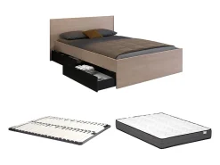 Lit avec 4 tiroirs 160 x 200 cm - Coloris : Naturel et noir + Sommier + Matelas - VELONA>Vente-unique Hot