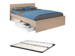 Lit avec 2 tiroirs 160 x 200 cm - Coloris : Naturel et blanc brillant + sommier - VELONA>Vente-unique Outlet