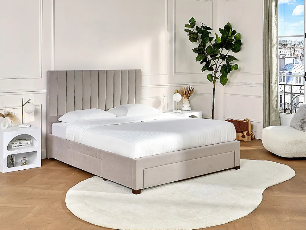 Lit avec 3 tiroirs 160 x 200 cm - Tissu - Beige - LIAKO>Vente-unique New