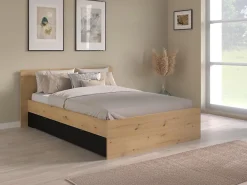 Vente-unique Lit avec 2 tiroirs 140 x 190/200 cm - Coloris : Naturel et noir - VARLY* Lit Avec Rangement