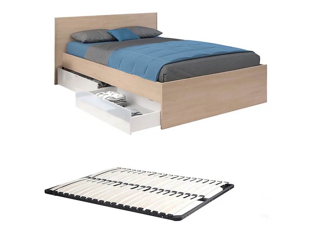 Lit avec 2 tiroirs 140 x 190 cm - Coloris : Naturel et blanc brillant + sommier - VELONA>Vente-unique Online