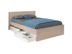 Lit avec 2 tiroirs 140 x 190 cm - Coloris : Naturel et blanc brillant + sommier - VELONA>Vente-unique Online