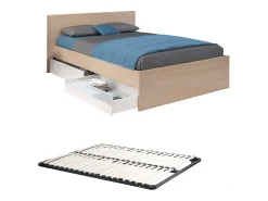 Lit avec 2 tiroirs 140 x 190 cm - Coloris : Naturel et blanc brillant + sommier - VELONA><noscript><img width=