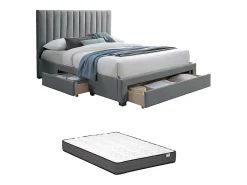 Lit avec 3 tiroirs 160 x 200 cm - Tissu - Gris + Matelas - LIAKO>Vente-unique Hot