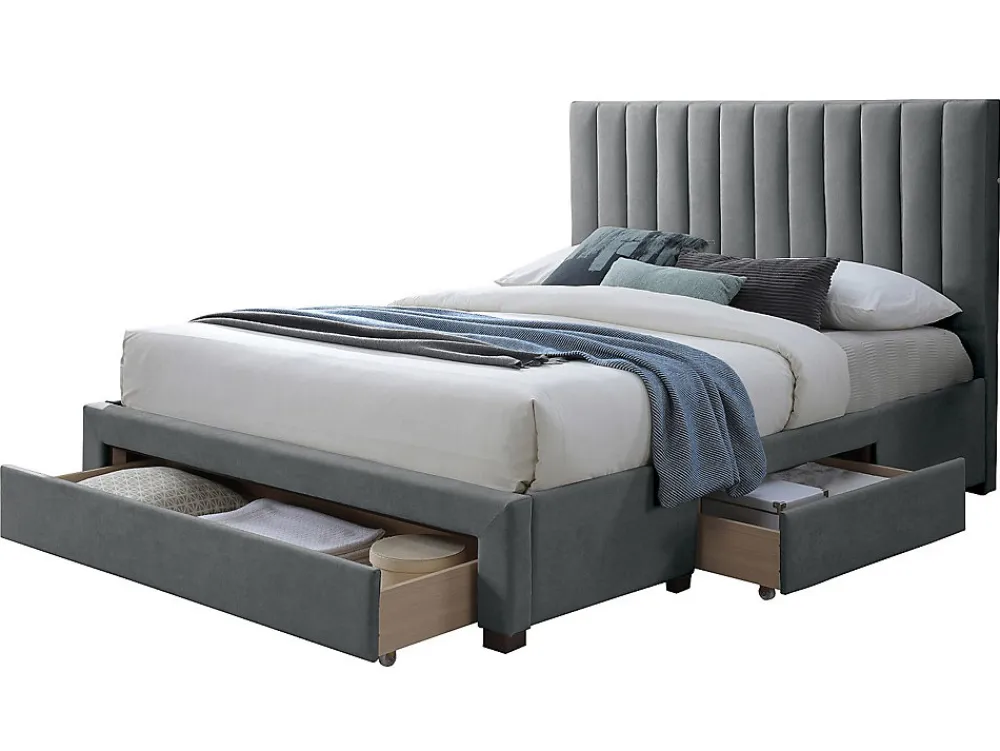 Lit avec 3 tiroirs 160 x 200 cm - Tissu - Gris + Matelas - LIAKO>Vente-unique Hot