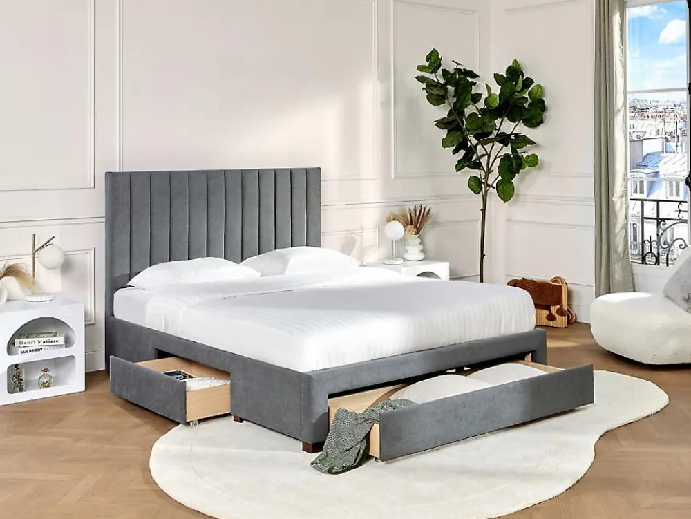 Lit avec 3 tiroirs 160 x 200 cm - Tissu - Gris + Matelas - LIAKO>Vente-unique Hot