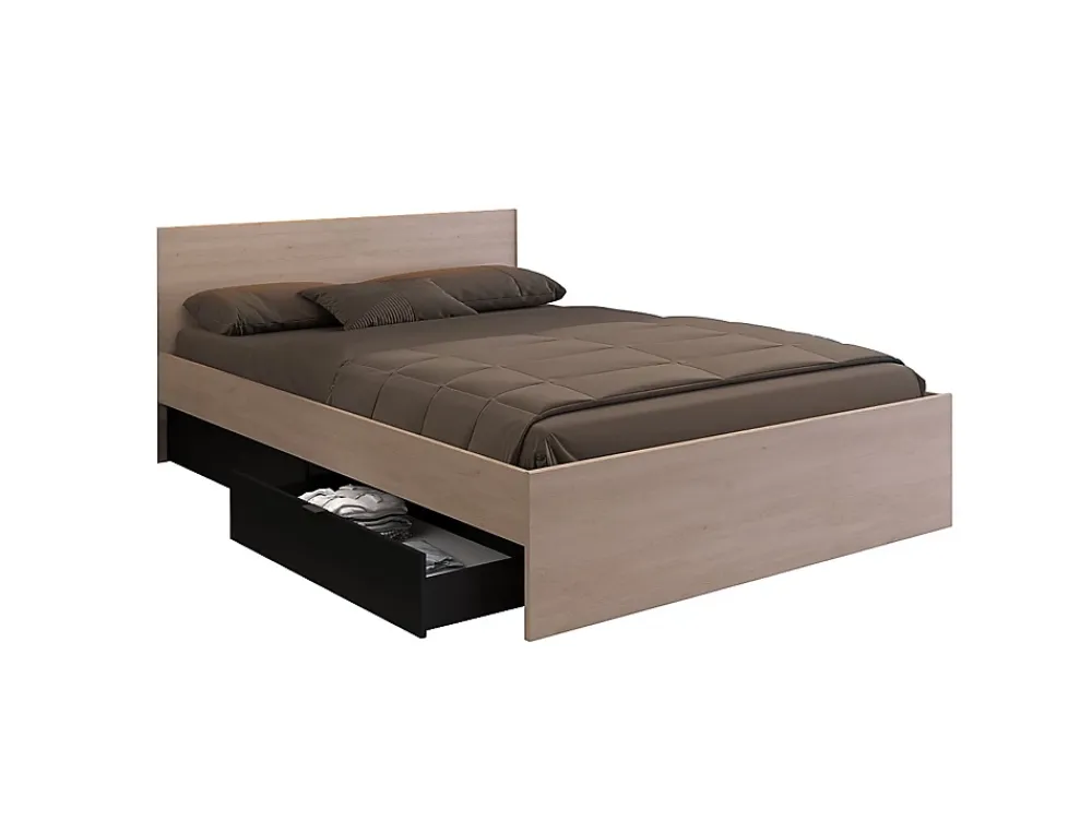 Vente-unique Lit avec 2 tiroirs 160 x 200 cm - Coloris : Naturel et noir + sommier - VELONA* Lit Avec Rangement