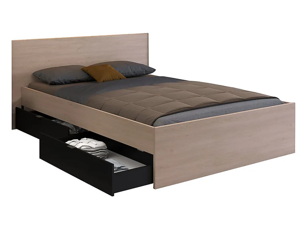 Lit avec 2 tiroirs 140 x 190 cm - Coloris : Naturel et noir - VELONA>Vente-unique Clearance