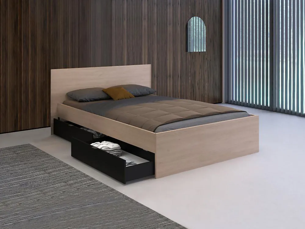 Lit avec 2 tiroirs 140 x 190 cm - Coloris : Naturel et noir - VELONA>Vente-unique Clearance