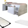 Lit avec bureau et rangements - 90 x 190/200 cm - Blanc et naturel + Sommier + Matelas - GISELE>Vente-unique Discount