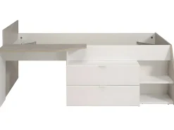 Lit avec bureau et rangements - 90 x 190/200 cm - Blanc et naturel + Sommier + Matelas - GISELE><noscript><img width=