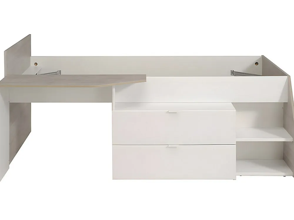 Lit avec bureau et rangements - 90 x 190/200 cm - Blanc et naturel + Sommier + Matelas - GISELE>Vente-unique Discount