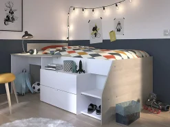 Lit avec bureau et rangements - 90 x 190/200 cm - Blanc et naturel + Sommier + Matelas - GISELE><noscript><img width=
