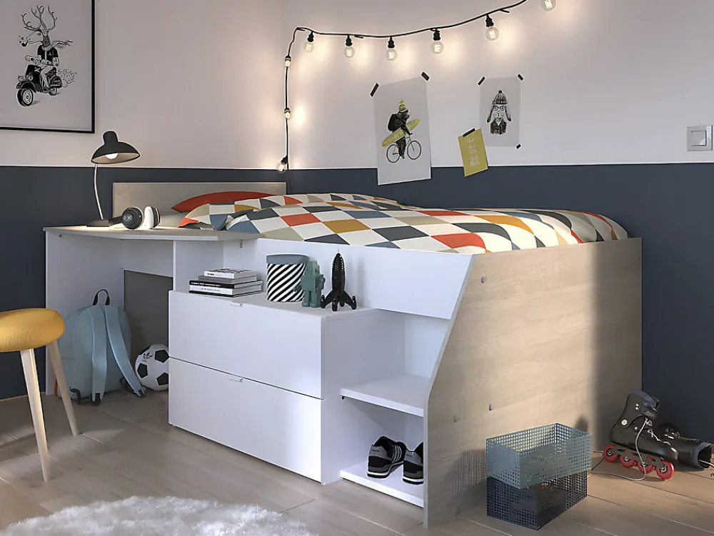 Lit avec bureau et rangements - 90 x 190/200 cm - Blanc et naturel + Sommier + Matelas - GISELE>Vente-unique Discount