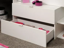 Lit avec bureau et rangements - 90 x 190/200 cm - Blanc et naturel + Sommier + Matelas - GISELE><noscript><img width=