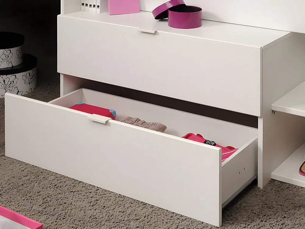 Lit avec bureau et rangements - 90 x 190/200 cm - Blanc et naturel + Sommier + Matelas - GISELE>Vente-unique Discount