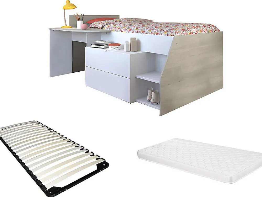 Lit avec bureau et rangements - 90 x 190/200 cm - Blanc et naturel + Sommier + Matelas - GISELE>Vente-unique Discount