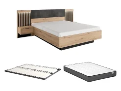 Vente-unique Lit avec chevets 160 x 200 cm - Avec LEDs - Coloris : Naturel et noir + Sommier + Matelas - ARIADA* Lit Avec Rangement