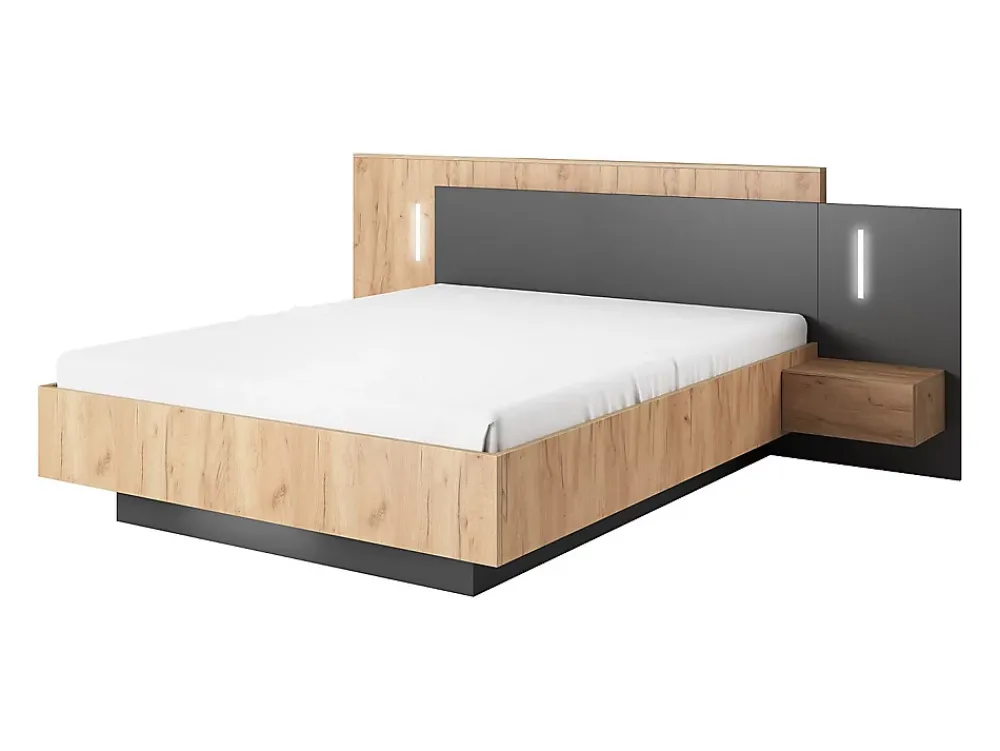 Vente-unique Lit avec chevets 140 x 190 cm - 2 tiroirs - Avec LEDs - Coloris : Naturel et anthracite - FRANCOLI* Lit Avec Rangement