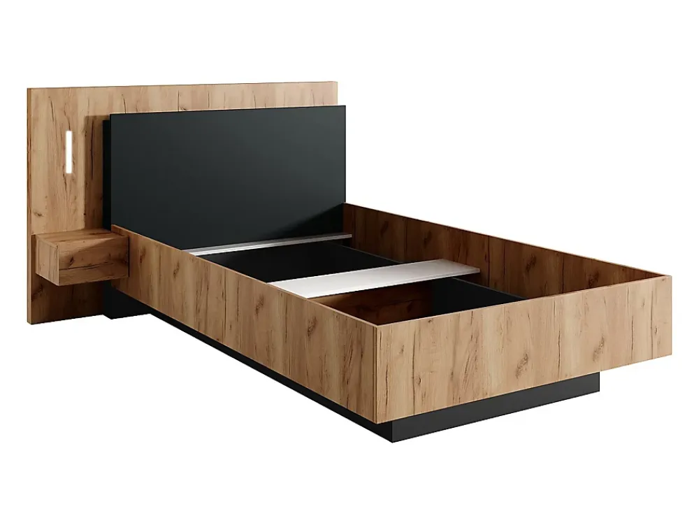 Vente-unique Lit avec chevets 120 x 200 cm - 2 tiroirs - Avec LEDs - Coloris : Naturel et anthracite + Sommier - FRANCOLI* Lit Avec Rangement