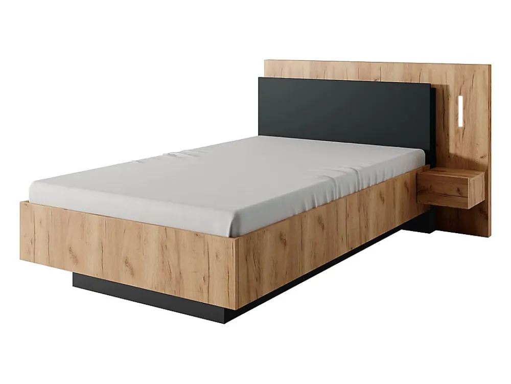 Vente-unique Lit avec chevets 120 x 200 cm - 2 tiroirs - Avec LEDs - Coloris : Naturel et anthracite + Sommier - FRANCOLI* Lit Avec Rangement