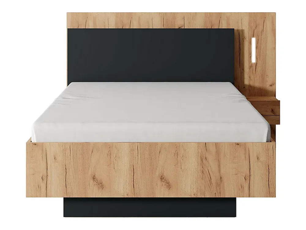Vente-unique Lit avec chevets 120 x 200 cm - 2 tiroirs - Avec LEDs - Coloris : Naturel et anthracite + Sommier - FRANCOLI* Lit Avec Rangement