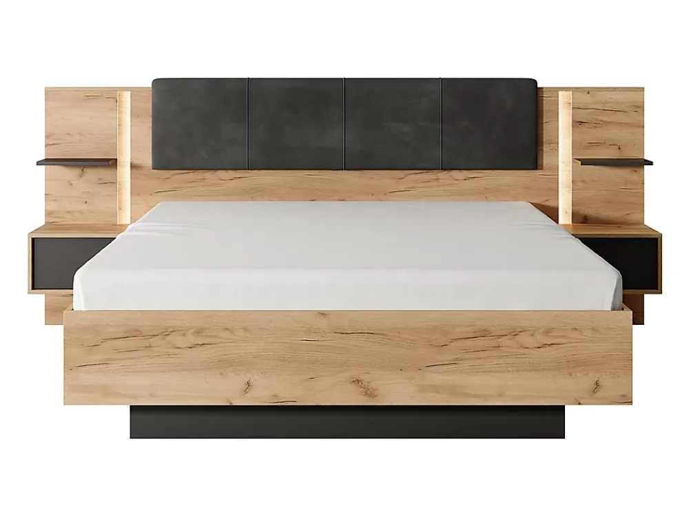 Vente-unique Lit avec chevets 160 x 200 cm - Avec LEDs - Coloris : Naturel et anthracite - ELYNIA* Lit Avec Rangement