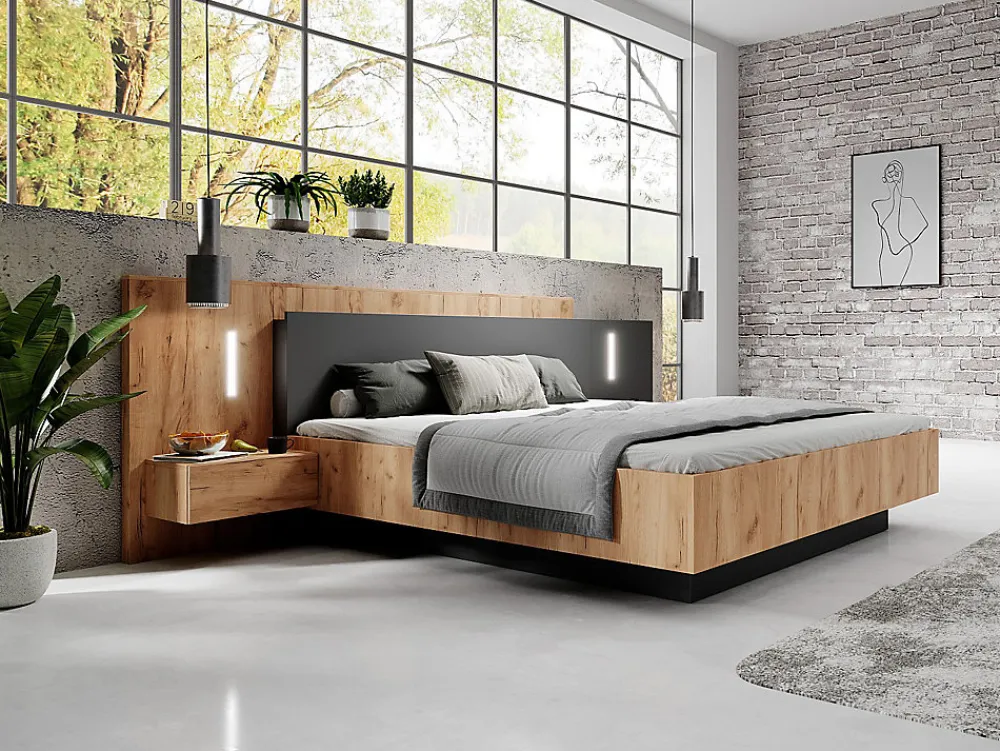 Vente-unique Lit avec chevets 160 x 200 cm - 2 tiroirs - Avec LEDs - Coloris : Naturel et anthracite + Sommier + Matelas - FRANCOLI* Lit Avec Rangement
