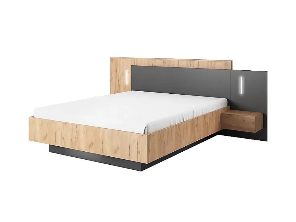 Vente-unique Lit avec chevets 160 x 200 cm - 2 tiroirs - Avec LEDs - Coloris : Naturel et anthracite + Sommier + Matelas - FRANCOLI* Lit Avec Rangement