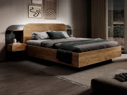 Lit avec chevets 160 x 200 cm - Avec LEDs - Coloris : Naturel et noir - JUVISIA>Vente-unique Best
