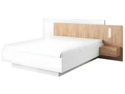 Lit avec chevets 160 x 200 cm - 2 tiroirs - Avec LEDs - Coloris : Blanc et naturel + Sommier - FRANCOLI>Vente-unique Sale