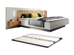 Lit avec chevets 160 x 200 cm - 2 tiroirs - Avec LEDs - Coloris : Blanc et naturel + Sommier - FRANCOLI><noscript><img width=